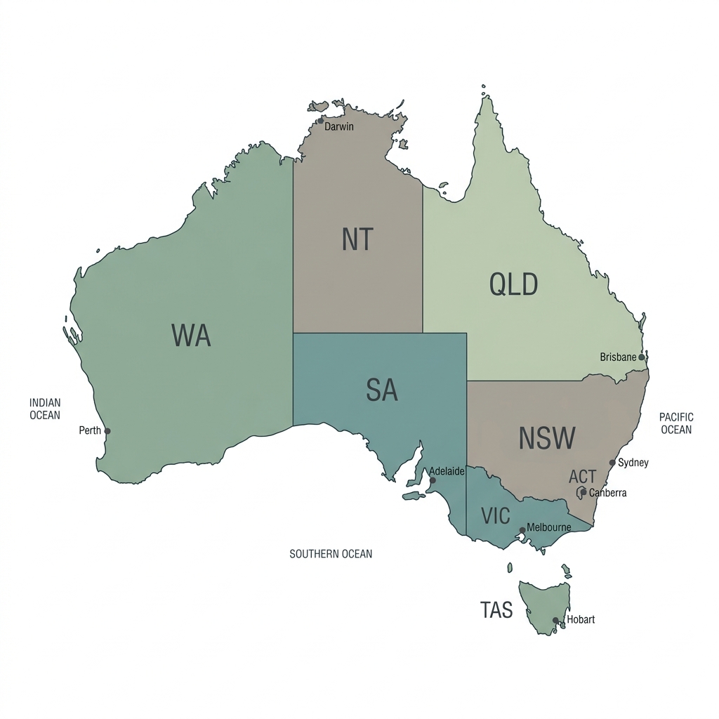 Map of Australia showing all 8 states and territories with nomination status indicators