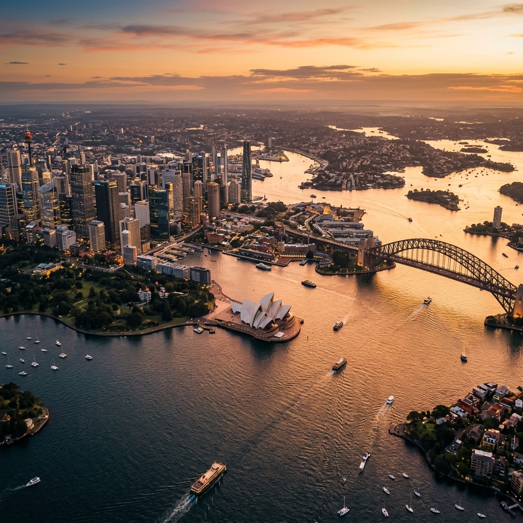 Aerial view of Sydney harbour and Opera House at dusk with warm golden light