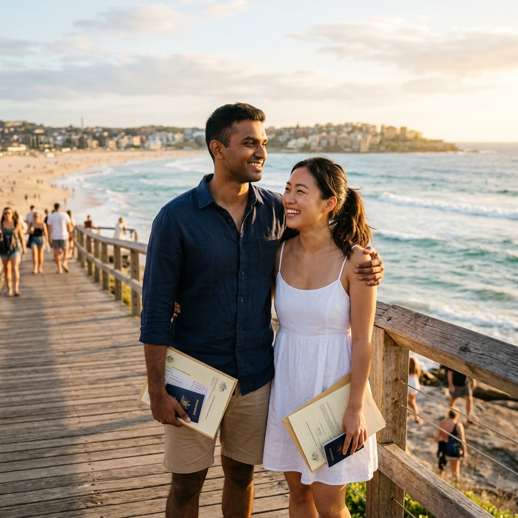 Diverse couple celebrating permanent residency approval in front of Sydney Harbour Bridge